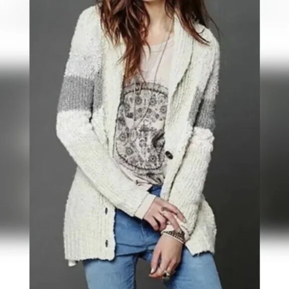 Free People Shawl Collar Gone Askew Stripe Cable Knit Long Cardigan Sweater M - Picture 3 of 14
